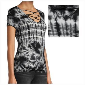 🍑Black & Gray Tie Dye Short Cap Sleeve Top Medium